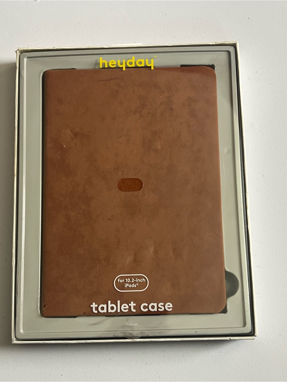 New Heyday faux suede tablet case designed for 10.2-inch iPads in a tan color.